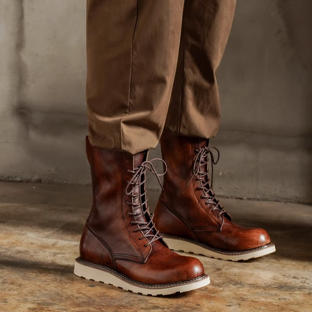 Men'S Shoes Brogues - รองเท้าบูทมอเตอร์ไซค์หนังวัวแท้บุรุษ รองเท้าทรงโบรกแบบเรโทร หัวมนสูง รองเท้าบูทเชลซีหุ้มข้อกลาง สีน้ำตาล รองเท้าบูทขี่ม้า