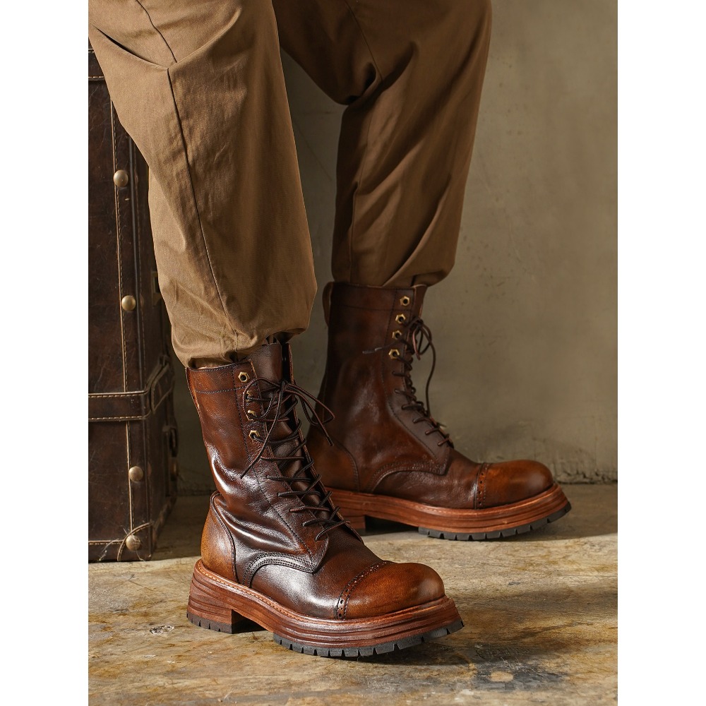 Men'S Shoes Brogues - รองเท้าบูทมอเตอร์ไซค์หนังแท้สำหรับผู้ชาย รองเท้าทรงบร็อก สไตล์เรโทร หัวมนสูง ความยาวครึ่งน่อง ส้นหนา