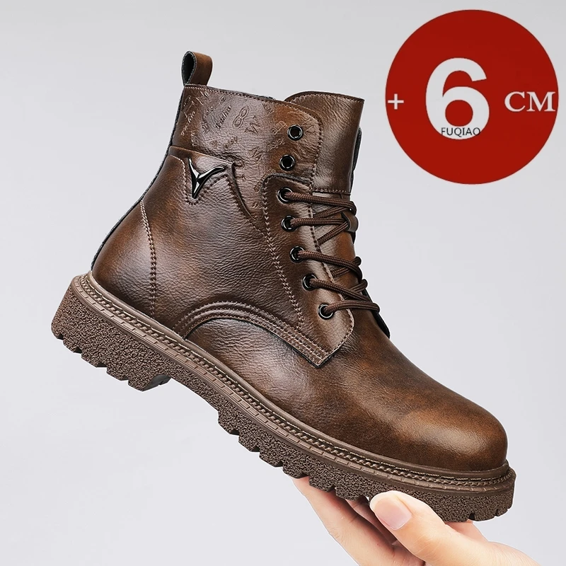 Men Shoes Boots - รองเท้าบูทเพิ่มความสูง 6 ซม. สำหรับผู้ชาย หนังแท้ ใส่ได้ทั้งฤดูใบไม้ร่วงและฤดูหนาว