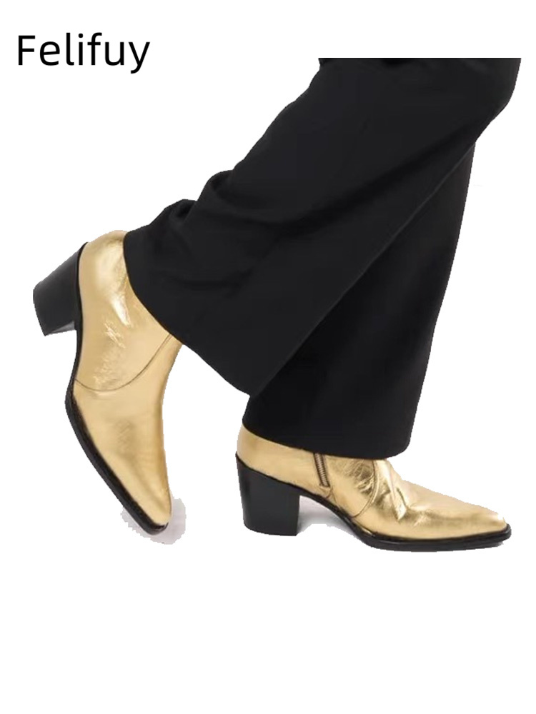 Men Shoes For Wedding - รองเท้าบูทหนังแท้ผู้ชาย New Gold ส้นสูง 6 ซม.