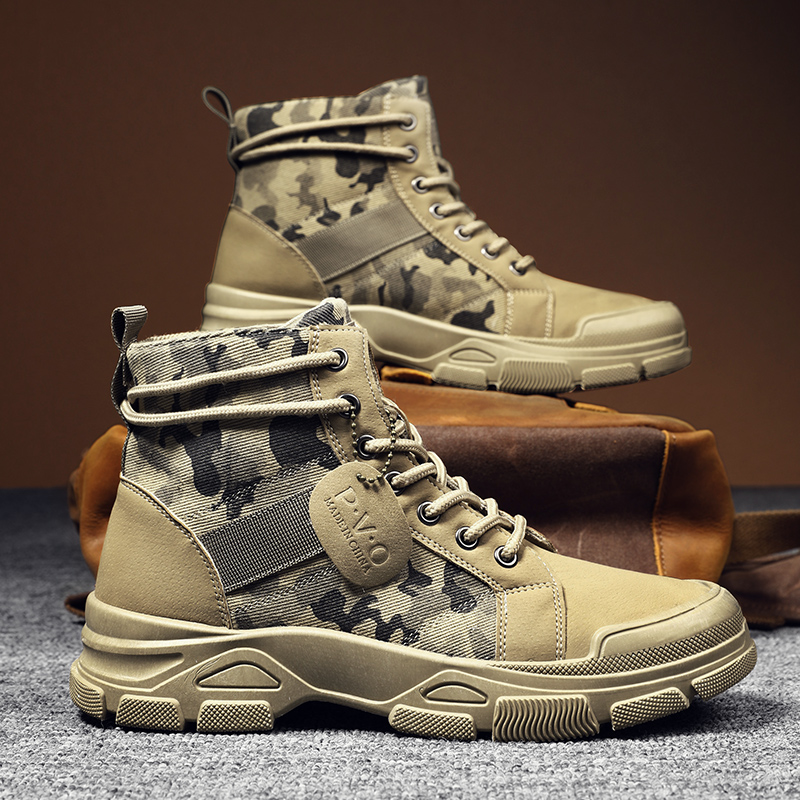 Men Shoes Office - รองเท้าบูททรงสูงสำหรับผู้ชายฤดูใบไม้ร่วงลายพรางทะเลทรายรองเท้าลำลองแบบแบนรองเท้าบูทผู้ชายระบายอากาศได้ดีไม่ลื่นรองเท้าทำงานสำหรับชายซาปาติญ่า ฮอมเบอร์