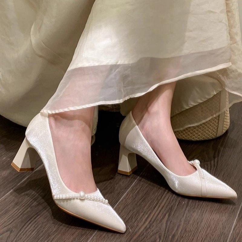 Men Shoes H&M - รองเท้าส้นตึกหัวแหลมประดับมุกสุดหรู สไตล์เรียบง่าย ใส่สบาย เหมาะสำหรับใส่ทำงานสำหรับผู้หญิง
