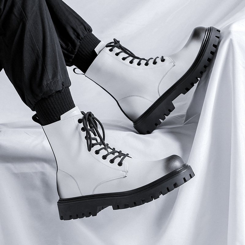 Men Shoes White Colour - ผู้ชายแฟชั่นของแท้รองเท้าหนังสีดำสีขาวยี่ห้อ Designer รองเท้าเวทีไนท์คลับรถจักรยานยนต์ Boot สูง Botas