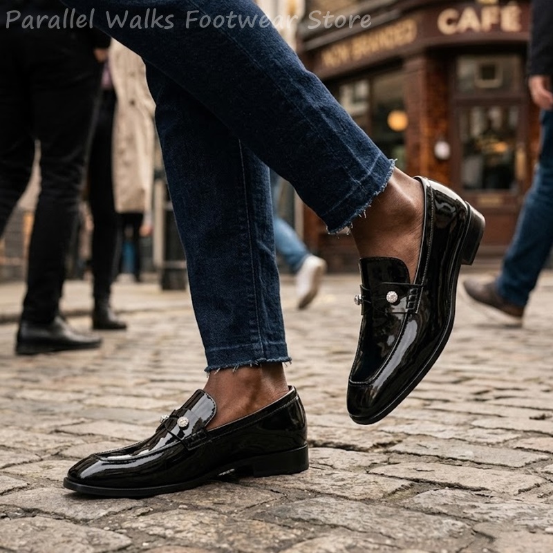 Men Shoes For Wedding - รองเท้าโลฟเฟอร์ผู้ชายสีดำหนังแก้วเทียมประดับเพชรแบบสวมใส่สบาย เหมาะสำหรับงานแต่งงาน งานเลี้ยงตอนเย็น และงานที่ต้องการความเรียบร้อย