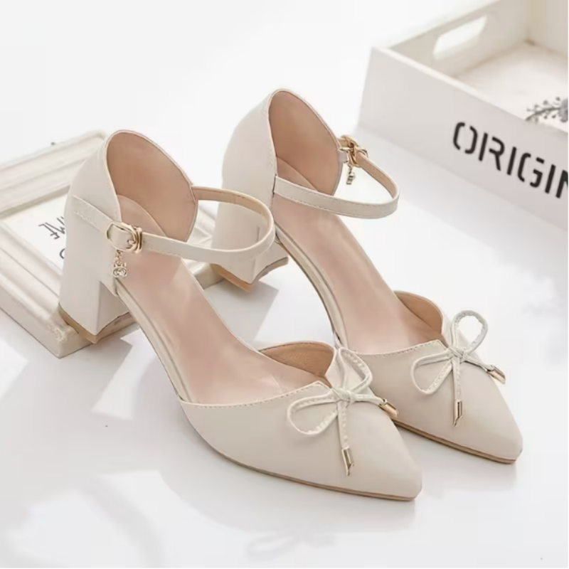Men Shoes Office - รองเท้าส้นสูงแบบสวมสำหรับผู้หญิง หัวแหลม ประดับโบว์ ส้นหนา เหมาะสำหรับใส่ทำงาน ปาร์ตี้
