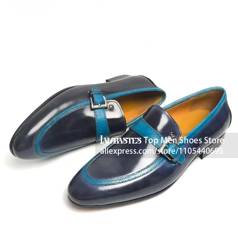 Men'S Shoes Navy Blue - รองเท้าโลฟเฟอร์สีน้ำเงินกรมท่า หัวอัลมอนด์ หนังขัดเงา หัวเข็มขัดโลหะ รองเท้าหนังลำลองสไตล์ธุรกิจสำหรับผู้ชาย