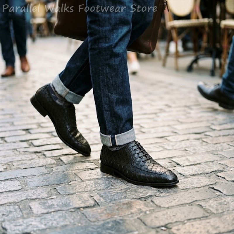 Men Shoes For Wedding - รองเท้าอ็อกซ์ฟอร์ดผู้ชายลายหนังปลาแบบนูน ทรงบร็อก ปลายแหลม ผูกเชือก สำหรับงานทางการ ธุรกิจ