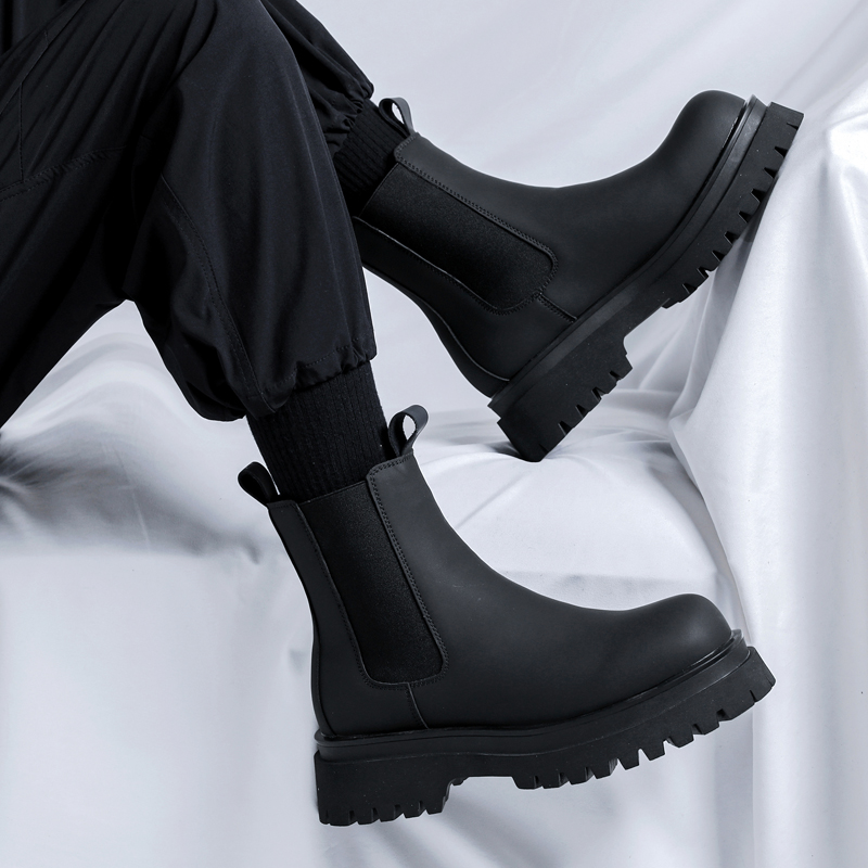 Men Shoes H&M - รองเท้าบูทหุ้มข้อสูงสีดำรุ่นปี 2026 สำหรับผู้ชาย ส้นสูง หนังแท้ รองเท้าเชลซีข้อสั้น