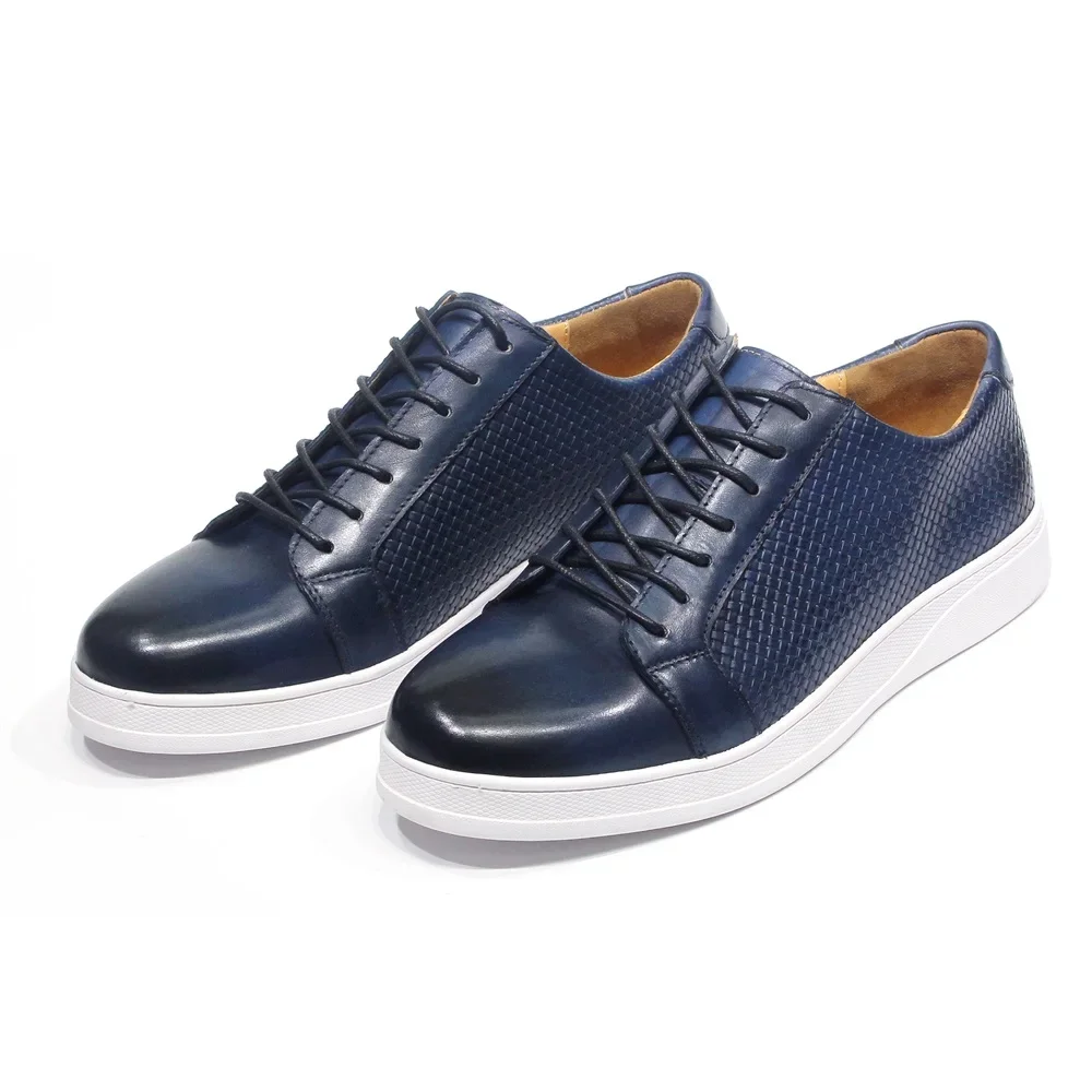 Men'S Shoes Navy Blue - ผู้ชายยุโรปสไตล์ของแท้รองเท้าหนังสีดําสีฟ้าสีน้ําตาล LACE-Up รองเท้าผ้าใบแบน Designer เรือรองเท้าสําหรับขนาดใหญ่