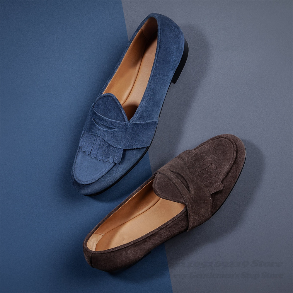 Men'S Shoes Navy Blue - รองเท้าโลฟเฟอร์หนังกลับสีน้ำเงินกรมท่า สำหรับผู้ชาย หัวกลม ตกแต่งด้วยหนังแบบมีพู่ สวมใส่สบาย พื้นนุ่ม